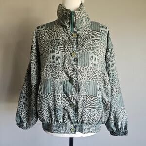 Vtg Stunt Petite Silk Bomber Jacket PM Green Animal Print Moto 80s 90s Retro